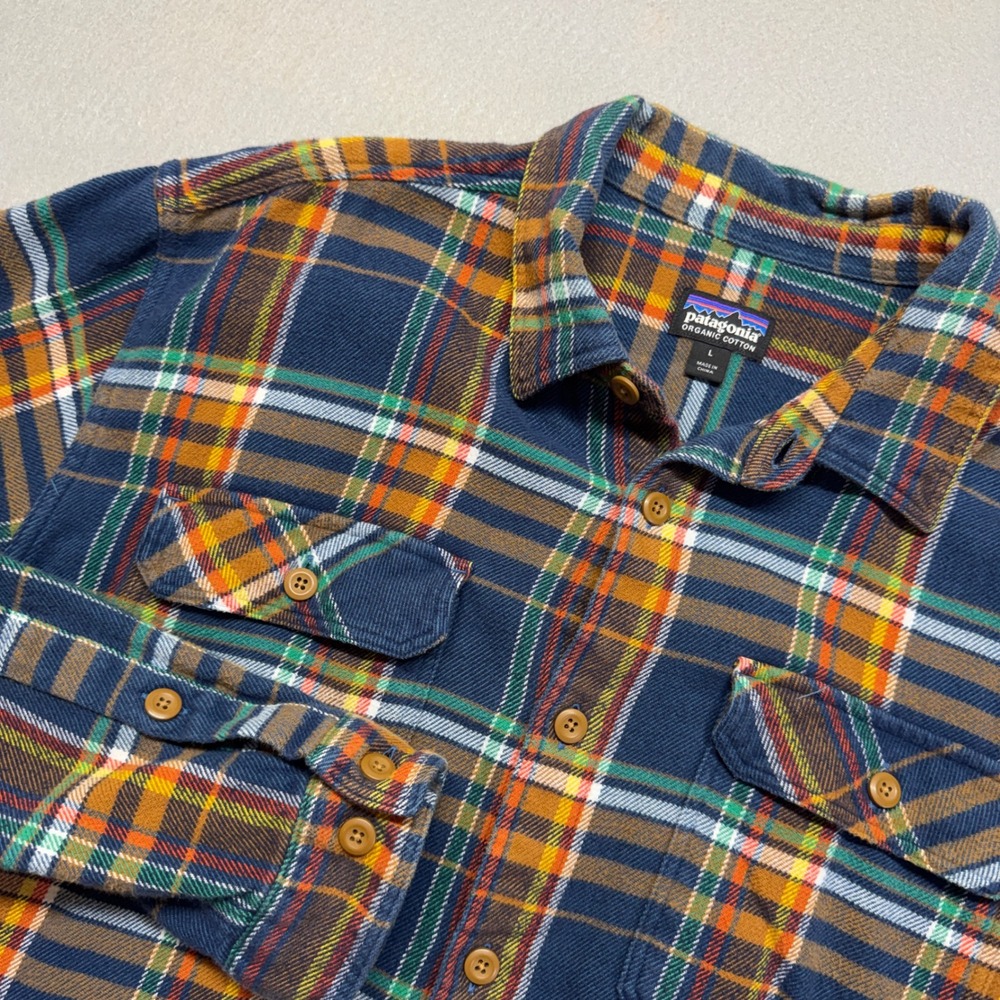 Patagonia Mens Organic Cotton Fjord Flannel Shirt Blue Orange Plaid Large